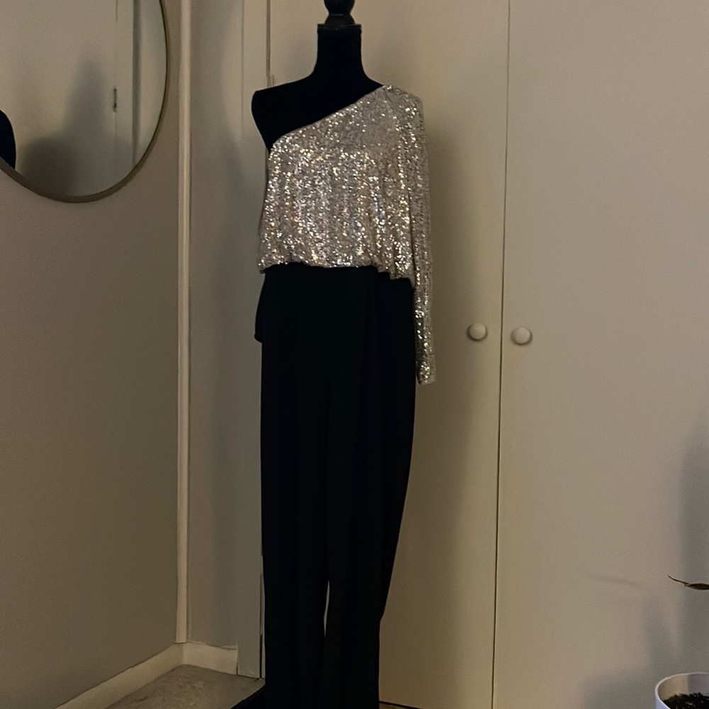 Adrianna Papell one shoulder sequined jumpsuit SZ 16